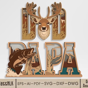 May include: A layered wooden art piece spelling out "DAD" and "PAPA". The "D" in "DAD" features a deer head with antlers. The "PAPA" has a leaping fish. The art piece is in shades of brown, tan, and teal.