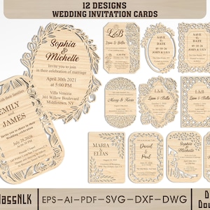 Paquete de archivos SVG para invitaciones de boda, tarjetas de invitación cortadas con láser en formato SVG, archivos de tarjetas de madera para guardar la fecha, invitaciones de boda en formato SVG para Glowforge xTool LightBurn