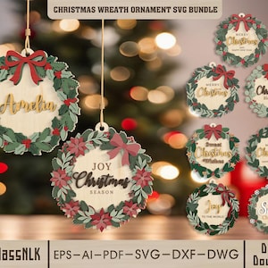 Pode incluir: Um pacote digital de ornamentos de guirlanda de Natal com designs de madeira em camadas, laços vermelhos, folhagem verde e várias frases festivas como Merry Christmas, Joy e Let it Snow. Inclui arquivos nos formatos SVG, EPS, AI, PDF, DXF e DWG.