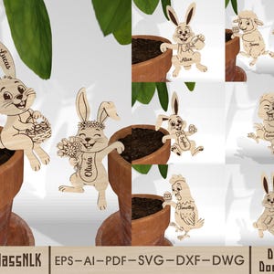 Peut inclure: Des piquets de plantes de Pâques en bois avec des motifs d'animaux, dont des lapins, un agneau et un poussin. Chaque piquet porte un nom, comme Lucas, Olivia, Alice, Jame et Timothy. Les piquets sont conçus pour être insérés dans un pot de fleurs.