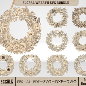 Peut inclure: Une collection numérique de huit illustrations de couronnes florales complexes intitulée Floral Wreath SVG Bundle. Les motifs présentent des dessins au trait détaillés de diverses fleurs, feuilles, oiseaux et éléments saisonniers en beige et marron.