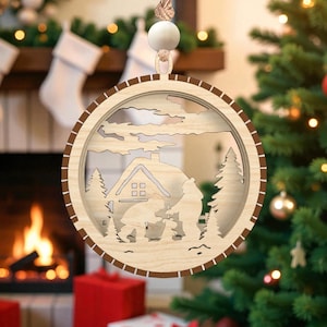 Winter Cabin Ornament Laser Cut File Svg, Sledding Scene Svg, Layered Christmas Ornament Svg, 3D Laser Cut Winter Scene Svg ,Glowforge xTool