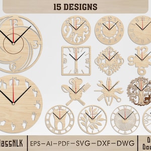 以下が含まれることがあります： 15種類の木製時計のデザインコレクション。それぞれがユニークなスタイルです。時計は、丸型、正方形、抽象的なデザインなど、さまざまな形状をしています。針は黒で、秒針は赤です。「15 DESIGNS」というテキストが上部にあります。