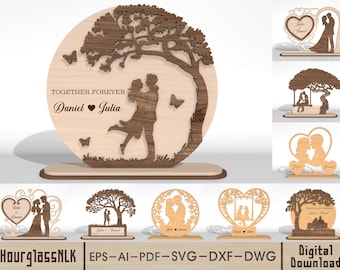 Personalized Couple Tree Sign SVG, Romantic Silhouette Wooden Table Decor, Custom Names Anniversary, Wedding Gift, Laser Cut Files Glowforge