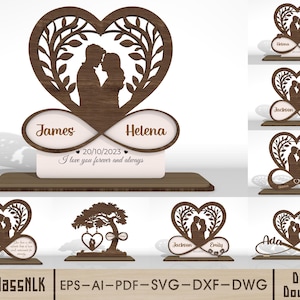 Può includere: Un oggetto decorativo in legno con un design a forma di cuore, una silhouette di coppia e un simbolo dell'infinito. I nomi "James" e "Helena" sono visualizzati, insieme alla data 20/10/2023 e al testo "I love you forever and always".