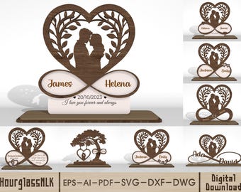 May include: A wooden decorative piece featuring a heart-shaped design with a couple silhouette, intertwined with an infinity symbol. The names "James" and "Helena" are displayed, along with the date 20/10/2023 and the text "I love you forever and always".
