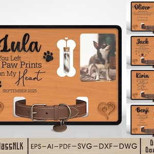 Puede incluir: Placa conmemorativa de madera para mascotas con marco de fotos, collar de cuero marrón y el texto "Lula You Left Paw Prints on My Heart SEPTEMBER 2025". Incluye huellas de patas y un vial en forma de hueso.