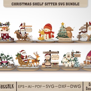 May include: A digital collection of Christmas shelf sitter designs labelled CHRISTMAS SHELF SITTER SVG BUNDLE. The set includes ten layered illustrations featuring Santa, snowmen, a penguin, a yeti, and a gnome, available in EPS, AI, PDF, SVG, DXF, and DWG formats.
