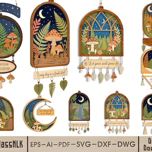 May include: A collection of wooden wall hangings featuring laser-cut designs of mushrooms, ferns, crescent moons, and forest landscapes. Several pieces include engraved text such as Let your soul grow, Every day is a fresh start, and Find peace in nature, with dangling charms attached to the bottom of the frames.