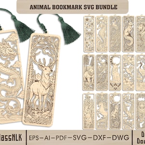 Könnte beinhalten: Ein digitales Download-Paket mit Lesezeichen-Designs unter dem Titel ANIMAL BOOKMARK SVG BUNDLE. Die Sammlung enthält verschiedene rechteckige, lasergeschnittene Muster mit einem Drachen, Hirsch, Bären, Wolf und anderen Tieren, jeweils mit einer dunkelgrünen Quaste.