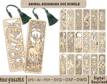 May include: A digital download bundle of animal bookmark designs labeled ANIMAL BOOKMARK SVG BUNDLE. The collection includes various rectangular laser-cut style patterns featuring a dragon, deer, bear, wolf, and other wildlife, each with a dark green tassel.