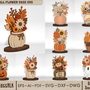 Könnte beinhalten: Eine Sammlung digitaler Herbstblumenvasen-Designs mit geschichtetem Herbstlaub, Sonnenblumen und Kürbissen. Die Grafiken enthalten verschiedene saisonale Behälter wie geschnitzte Kürbisse, ein Gespenst und eine Vogelscheuche mit dem Text HELLO FALL.