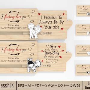 May include: Wooden Valentine's Day cards with various romantic phrases in red and black, including "I fucking love you" and "I promise to always be by your side." Each card features a unique illustration and heart accents.