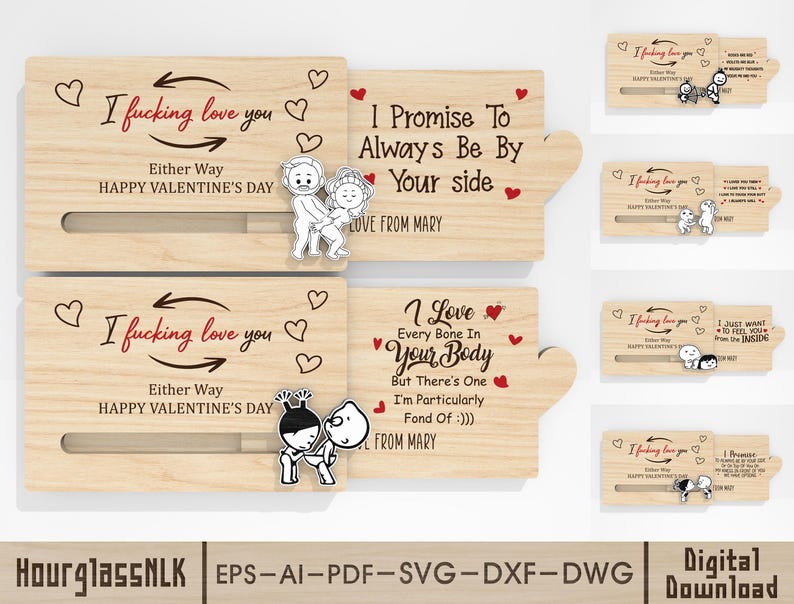 May include: Wooden Valentine's Day cards with various romantic phrases in red and black, including "I fucking love you" and "I promise to always be by your side." Each card features a unique illustration and heart accents.