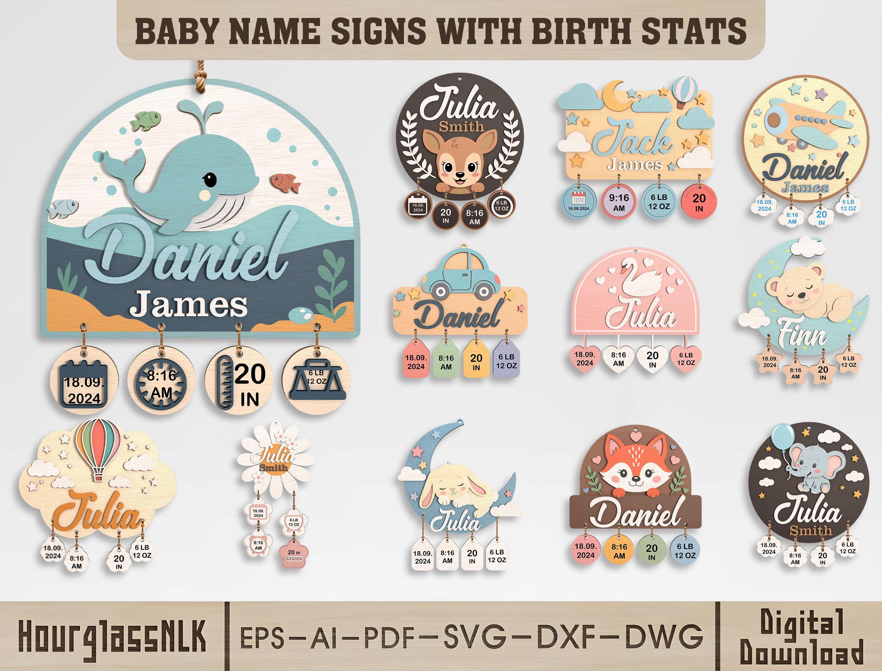 Baby Birth Stats Sign SVG Bundle, Nursery Name Sign Laser Cut File ...