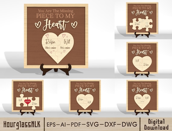 Missing Piece Heart Sign SVG, Custom Names Puzzle Love Decor, Romantic Anniversary & Valentine Gift, Wooden Laser Cut Files