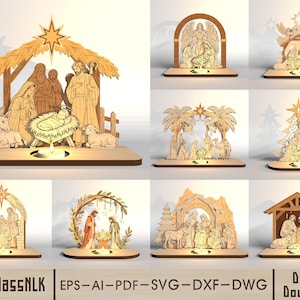 May include: A collection of eight laser-cut wooden nativity scene designs featuring figures of the holy family, animals, and stars, each mounted on a flat base with a circular cutout for a tea light candle. Text reads HourglassNLK EPS-AI-PDF-SVG-DXF-DWG.