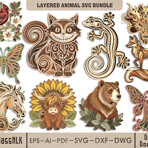 May include: A digital collection titled Layered Animal SVG Bundle featuring intricate multi-layered illustrations of a cardinal, cat, lizard, dragon, fox, horse, highland cow, bear, butterfly, and fairy. Text includes HourglassNLK and Digital Download.