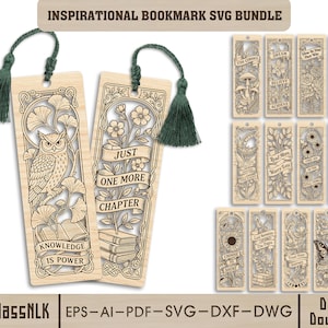 May include: A digital download bundle of inspirational bookmark designs featuring intricate laser-cut style patterns on light wood. Each bookmark displays unique botanical, animal, or celestial illustrations with text like Knowledge Is Power.