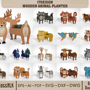 Puede incluir: Colección de macetas de animales de madera en varios diseños, incluyendo un ciervo, un mapache, una ardilla, mariposas, un búho, colibríes, un tigre, un conejo, un pavo real, una jirafa, una vaca, un gato, un erizo, un león, una cebra, un mono y un elefante.