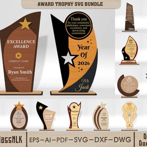 May include: A digital collection of award trophy designs featuring various shapes, wood-grain textures, and black accents. The graphics include star motifs, text such as Excellence Award, Year Of 2026, and placeholders for names, presented as a bundle for download.
