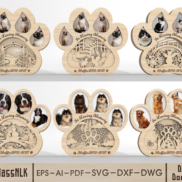 Pet Memorial SVG Bundle, Personalized Dog Cat Memorial Paw Print, Rainbow Bridge Layered Laser Cut File, Pet Loss Keepsake