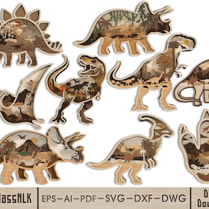 May include: A collection of layered wooden dinosaur silhouettes including a Stegosaurus, Triceratops, T-Rex, Pterodactyl, and Brachiosaurus, each featuring intricate prehistoric landscape cutouts. Text at the bottom reads HourglassNLK EPS-AI-PDF-SVG-DXF-DWG Digital Download.