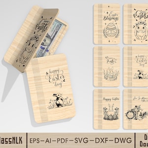 May include: Wooden Easter-themed gift box with a hinged lid, featuring a laser-cut bunny design and the words "Happy Easter." The box is open, revealing a $100 bill. Additional wooden cards with Easter graphics are also shown.