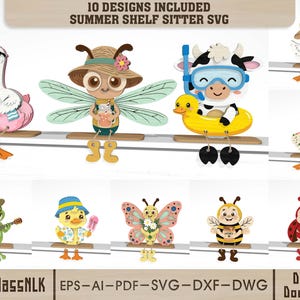 Op de afbeelding: Een verzameling van 10 zomerse plankdecoratie-ontwerpen in SVG-formaat, met stripfiguren zoals een gans in een roze zwemband, een bij, een koe met een snorkel, een kikker die gitaar speelt, een eend, een vlinder en een lieveheersbeestje.