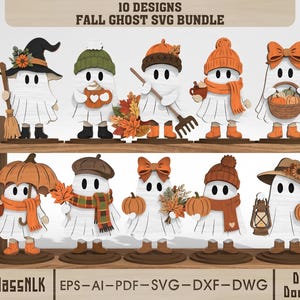 Op de afbeelding: Een digitale bundel van 10 ontwerpen genaamd Fall Ghost SVG Bundle, met witte geesten met zwarte ogen die herfstaccessoires dragen zoals mutsen, sjaals en laarzen, en voorwerpen vasthouden zoals pompoenen, lantaarns en bezems op een plank.