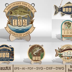 Puede incluir: Letreros de madera con temática de pesca con el texto "FISH CAUGHT THIS YEAR" y "HOOKED BY JAMES". Cada letrero presenta una ilustración de un pez y un contador que muestra "136". Los diseños incluyen una lubina, un letrero con forma de pez y un letrero con una red de pesca.