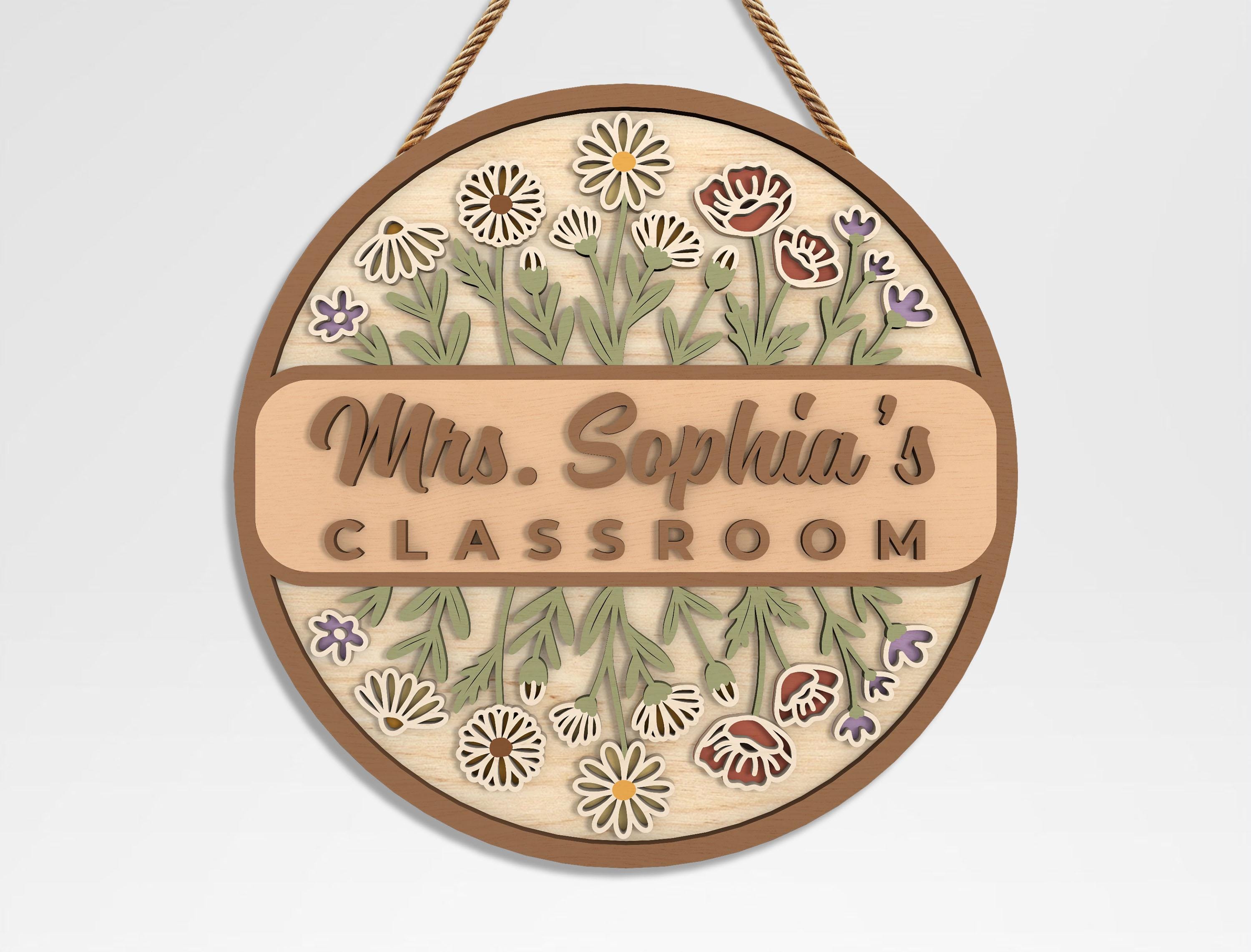 Personalized Teacher Classroom Door Hanger SVG, Floral Wooden Classroom ...