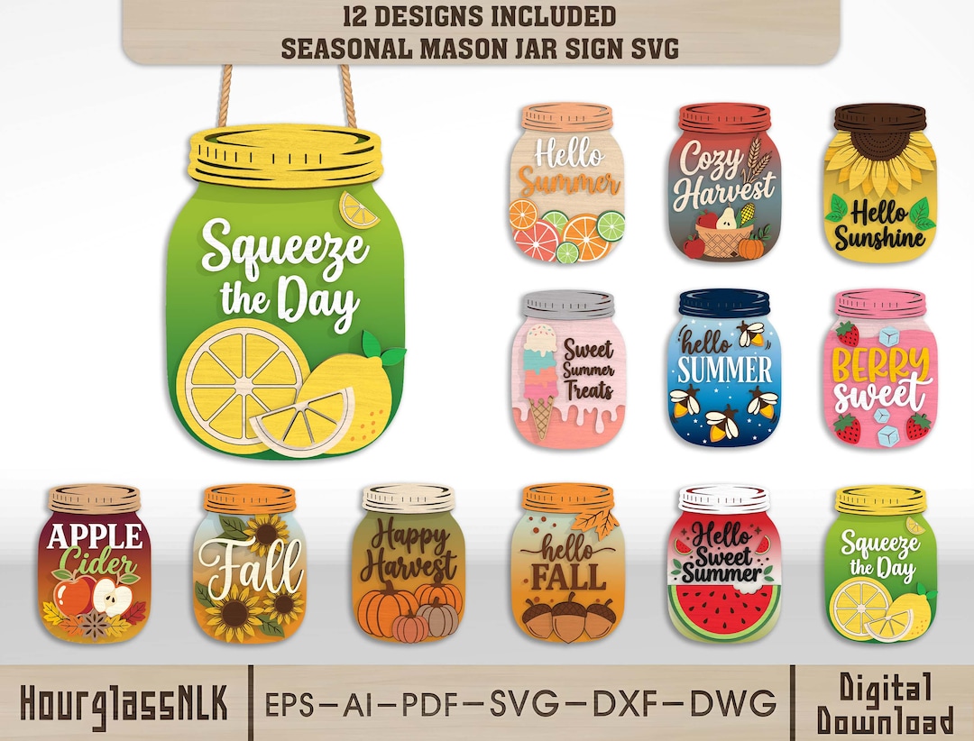 Mason Jar Door Hanger SVG Bundle, Summer Fall Seasonal Jar Sign Laser ...