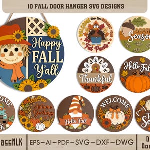 May include: A collection of 10 fall-themed door hanger SVG designs. The designs include a scarecrow, a turkey, pumpkins, acorns, and the text "Happy Fall Y'all". The designs are in various colors, including orange, brown, and blue. The text "Digital Download" is also included.