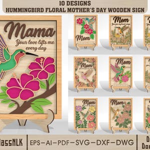 Paquete de archivos SVG para letreros de madera con colibríes para mamá, archivo de corte láser floral para el Día de la Madre, arte en madera en capas, Glowforge xTool LightBurn