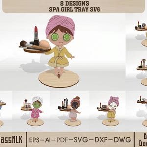 Puede incluir: Un diseño digital con ocho diseños SVG de bandejas de spa para niñas. Cada diseño representa una figura de dibujos animados que sostiene una bandeja con productos de belleza. Las figuras visten ropa de spa, incluyendo batas y pañuelos en la cabeza. El texto "SPA GIRL TRAY SVG" está en la parte superior.