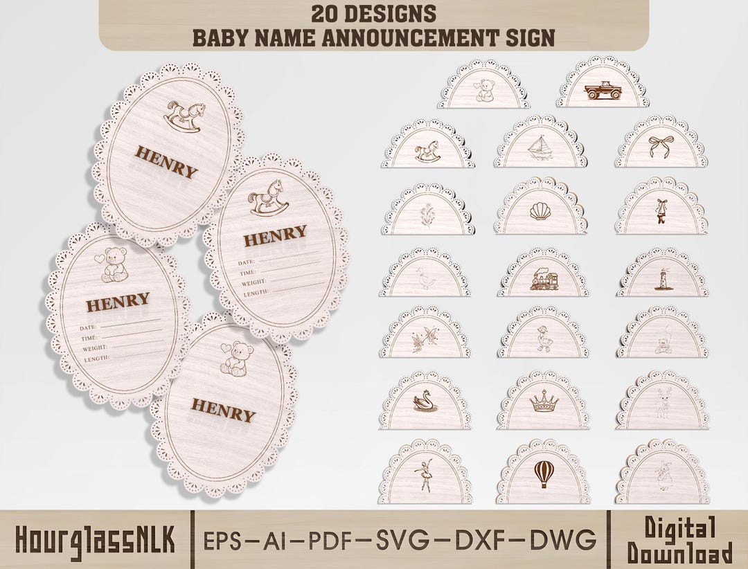 Baby Name Announcement Sign SVG Bundle, 20 Wood Carving Designs, Birth ...