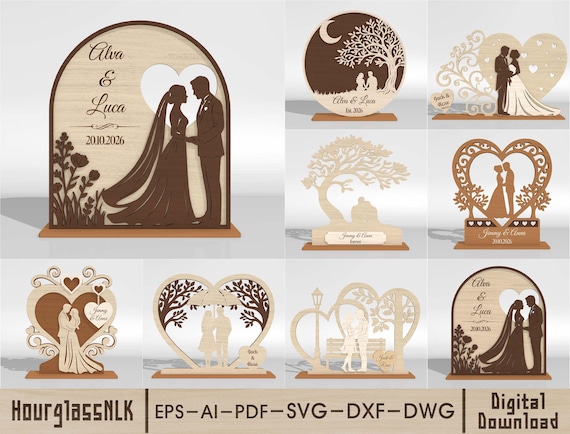 Wedding Table Sign SVG Bundle, Personalized Couple Name Sign SVG, Bride Groom Silhouette Laser Cut File, Anniversary Gift SVG, 9 Designs