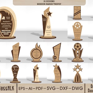 May include: A collection of 16 wooden award trophies in various designs. Each trophy features a light brown wood grain finish with darker brown accents. Some include star or flame shapes, and text such as "Innovation Excellence Award".