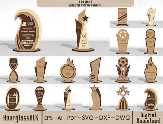 Award Trophy SVG Bundle, Wooden Trophy Laser Cut Files, Certificate Award Plaque SVG, Glowforge Download