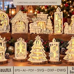 以下が含まれることがあります： レーザーカットされた木製のクリスマスLEDナイトライト10個セット。キリスト降誕のシーン、家、暖炉のそばのサンタクロース、キャンドル、ノーム、トナカイ、クリスマスツリーなど、複雑な切り抜きが施されたデザインが特徴です。