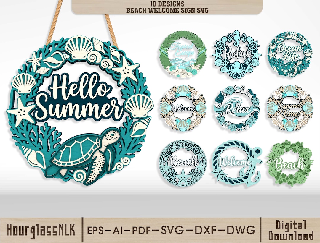 Summer Door Hanger SVG Bundle, Beach Ocean Sign Laser Cut File, Wooden ...