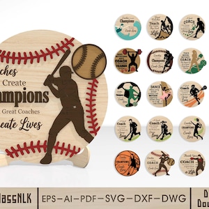 Könnte beinhalten: Ein rundes Holzschild mit Baseball-Grafik und roten Nähten, einer braunen Silhouette eines Baseballspielers beim Schlag sowie dem Text "Coaches Create Champions But Great Coaches Create Lives." Enthält zwanzig weitere runde Sport-Designs und den Text "HourglassNLK EPS-AI-PDF-SVG-DXF-DWG Digital Download."