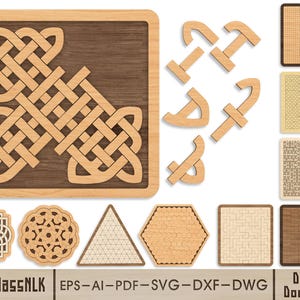 May include: A collection of wooden laser-cut files featuring intricate Celtic knotwork, geometric patterns, and various shapes including squares, triangles, and hexagons. The text "HourglassNLK" and "EPS-AI-PDF-SVG-DXF-DWG" is visible at the bottom.