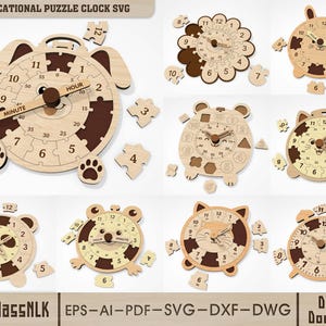 Animal Puzzle Clock SVG Bundle, Educational Laser Cut Files, Kids Learning Time Clock for Glowforge LightBurn