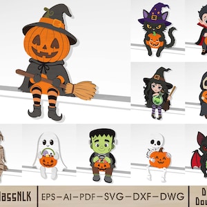 May include: A collection of cartoon Halloween characters including a pumpkin-headed figure, a black cat, a vampire, a witch, a grim reaper, a mummy, a ghost, Frankenstein's monster, a skeleton, and a bat, with the text HourglassNLK EPS-AI-PDF-SVG-DXF-DWG Digital Download.
