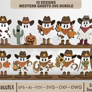 Può includere: Un pacchetto digitale di 10 design SVG di fantasmi western con fantasmi bianchi che indossano cappelli da cowboy, bandane e stivali marroni. I fantasmi tengono in mano oggetti come lazi, cactus, zucche, girasoli e lanterne. Testo: 10 DESIGNS WESTERN GHOSTS SVG BUNDLE.