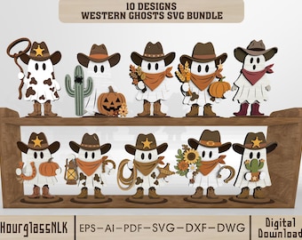 May include: A digital bundle of 10 Western Ghosts SVG designs featuring white ghosts wearing brown cowboy hats, bandanas, and boots. The ghosts hold items like lassos, cacti, pumpkins, sunflowers, and lanterns. Text reads 10 DESIGNS WESTERN GHOSTS SVG BUNDLE.