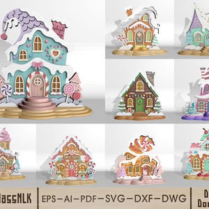 Könnte beinhalten: Eine Sammlung von zehn geschichteten 3D-Lebkuchenhaus-Designs mit bonbonfarbenen Dekorationen, schneebedeckten Dächern und farbenfrohen architektonischen Details. Der Text "HOURGLASSNLK EPS-AI-PDF-SVG-DXF-DWG Digital Download" befindet sich unten.