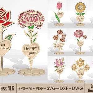 May include: Wooden floral decorations featuring roses, tulips, and sunflowers. Each flower has a heart-shaped base with text such as "To My Super Mom!" or "I love you, Mom." The designs are in red, pink, yellow, and green. The base is in a light brown color.